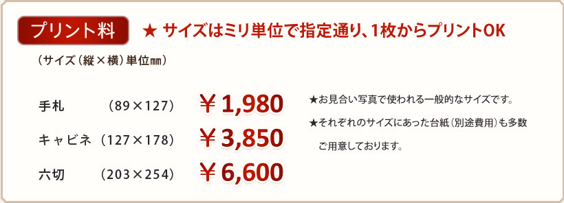 プリント:サイズはミリ単位で指定通り、1枚からプリントOK